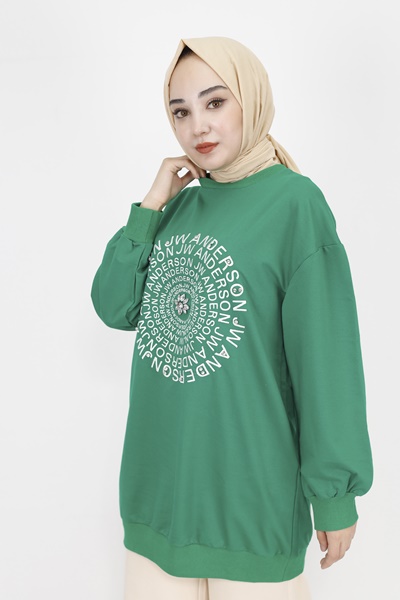 71143 2 İp Kumaş Nakış Ve Taş Detaylı Sweatshirt-YEŞİL