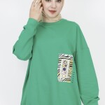 23001 2 İp Kumaş İnci Ve Baskı Detaylı Oversize Sweatshirt-YEŞİL