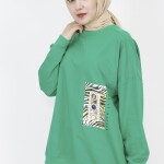 23001 2 İp Kumaş İnci Ve Baskı Detaylı Oversize Sweatshirt-YEŞİL