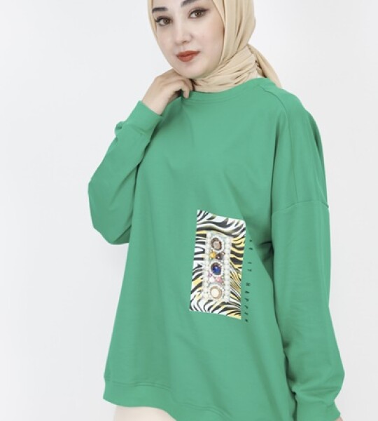 23001 2 İp Kumaş İnci Ve Baskı Detaylı Oversize Sweatshirt-YEŞİL