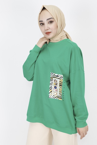 23001 2 İp Kumaş İnci Ve Baskı Detaylı Oversize Sweatshirt-YEŞİL