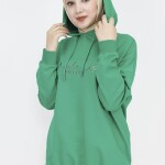 23299 2 İp Kumaş Yazı Baskılı Sweatshirt-YEŞİL