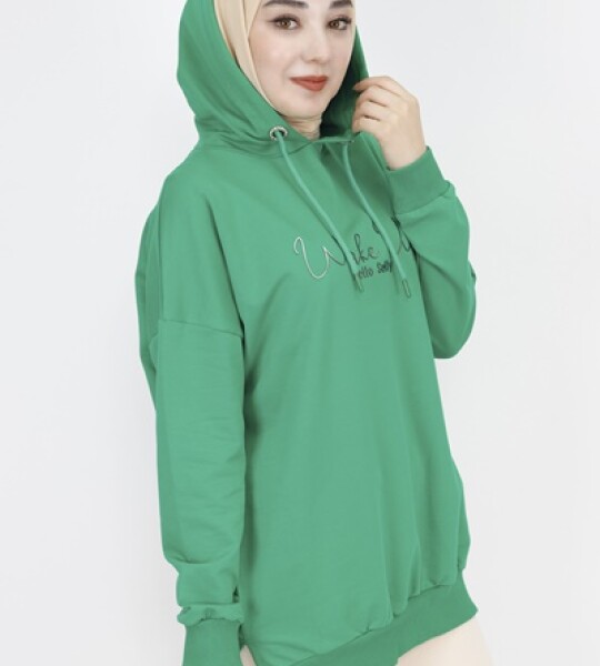 23299 2 İp Kumaş Yazı Baskılı Sweatshirt-YEŞİL