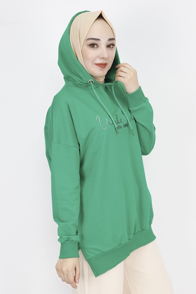 23299 2 İp Kumaş Yazı Baskılı Sweatshirt-YEŞİL