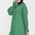 1036 Taş Ve Çiçek Motif Detaylı Triko Tunik-YEŞİL