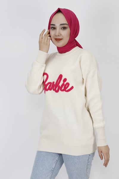 1031 Barbie Yazılı Triko Tunik-EKRU