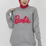 1031 Barbie Yazılı Triko Tunik-GRİ