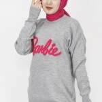 1031 Barbie Yazılı Triko Tunik-GRİ