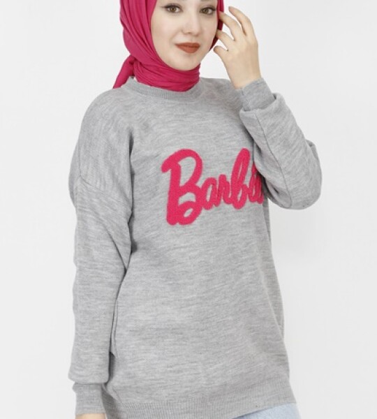 1031 Barbie Yazılı Triko Tunik-GRİ