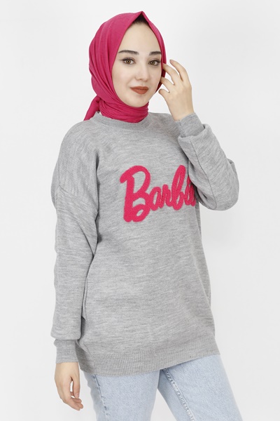 1031 Barbie Yazılı Triko Tunik-GRİ