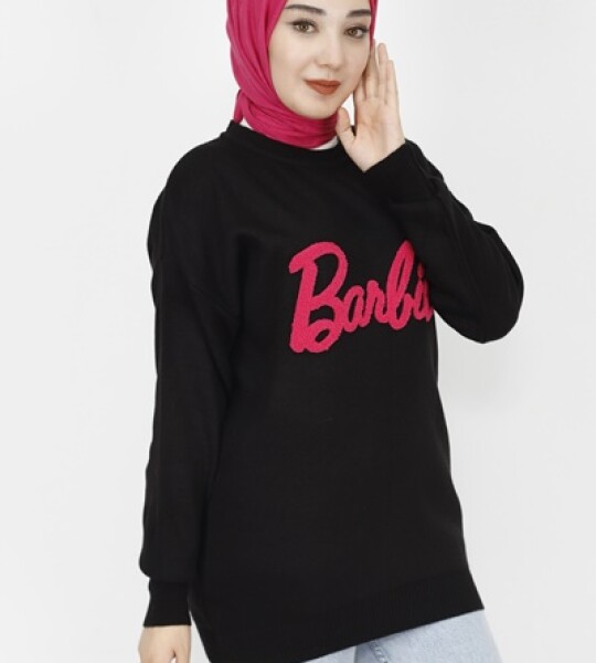 1031 Barbie Yazılı Triko Tunik-SİYAH