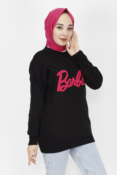 1031 Barbie Yazılı Triko Tunik-SİYAH