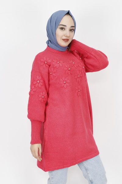 1036 Taş Ve Çiçek Motif Detaylı Triko Tunik-FUŞYA