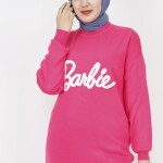 1031 Barbie Yazılı Triko Tunik-FUŞYA