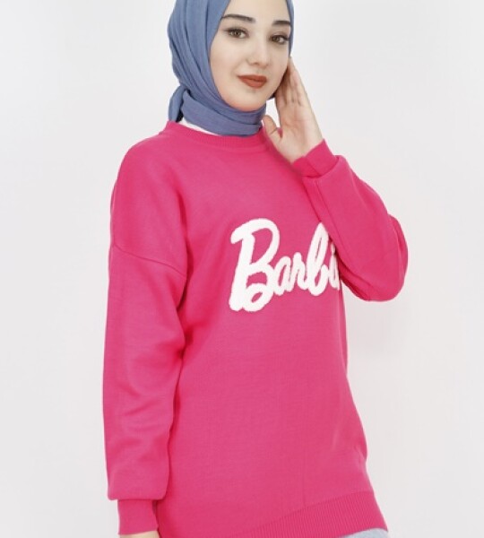 1031 Barbie Yazılı Triko Tunik-FUŞYA