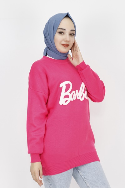 1031 Barbie Yazılı Triko Tunik-FUŞYA