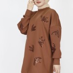 10345 Puane Scuba Kumaş Pul Ve Nakış Detaylı Sweatshirt-KAHVE