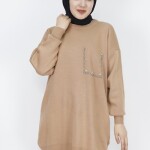 8048 İnci Ve Taş Desenli Triko Tunik-CAMEL