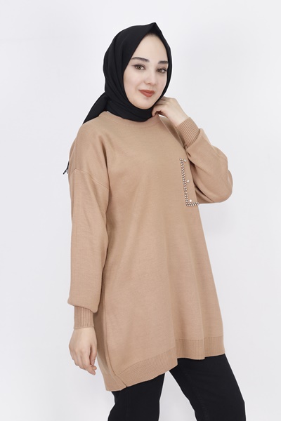 8048 İnci Ve Taş Desenli Triko Tunik-CAMEL