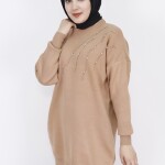 8058 Önü Taş Şeritli Triko Tunik-CAMEL