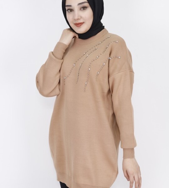 8058 Önü Taş Şeritli Triko Tunik-CAMEL