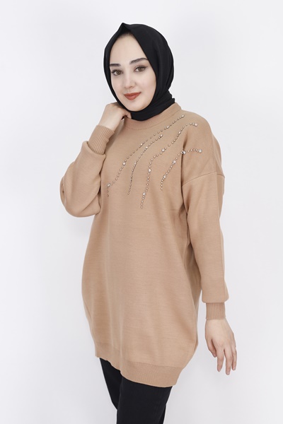 8058 Önü Taş Şeritli Triko Tunik-CAMEL