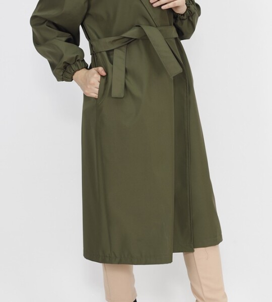 11051 Bondit Kumaş Broş Detaylı Orta Boy Trençkot-HAKİ