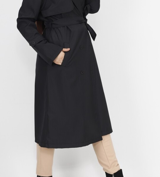 11010 Bondit Kumaş Beli Bağlama Detaylı Orta Boy Trençkot-SİYAH
