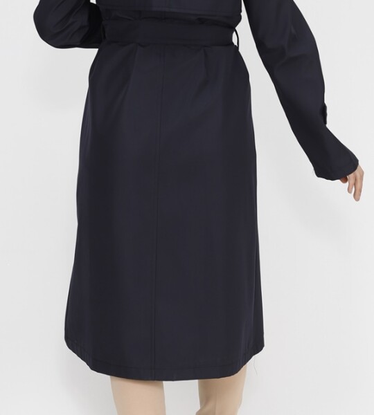 11010 Bondit Kumaş Beli Bağlama Detaylı Orta Boy Trençkot-LACİVERT