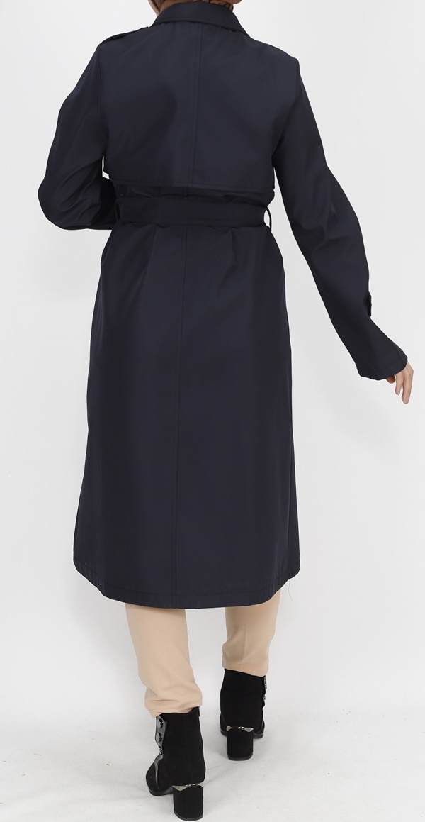 11010 Bondit Kumaş Beli Bağlama Detaylı Orta Boy Trençkot-LACİVERT