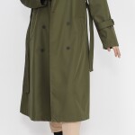 11010 Bondit Kumaş Beli Bağlama Detaylı Orta Boy Trençkot-HAKİ