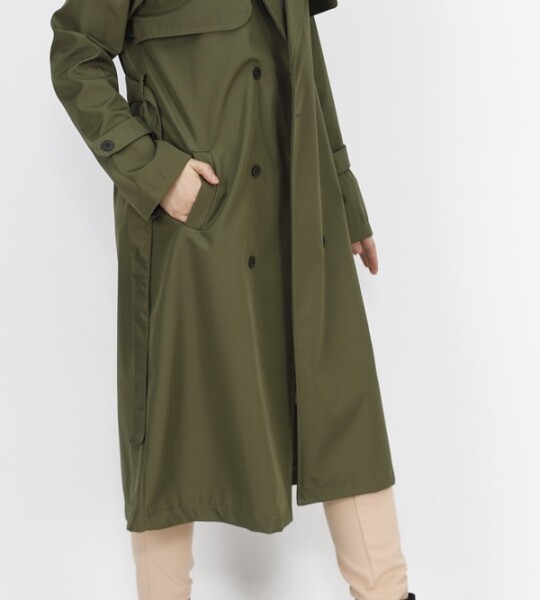 11010 Bondit Kumaş Beli Bağlama Detaylı Orta Boy Trençkot-HAKİ