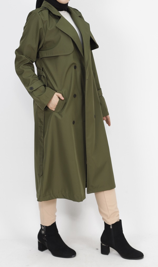 11010 Bondit Kumaş Beli Bağlama Detaylı Orta Boy Trençkot-HAKİ