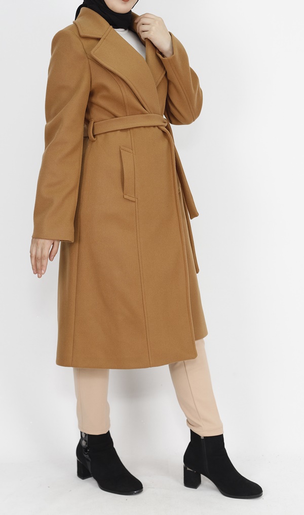 11019 Kaşe Kumaş Beli Kemerli Kaban-TABA