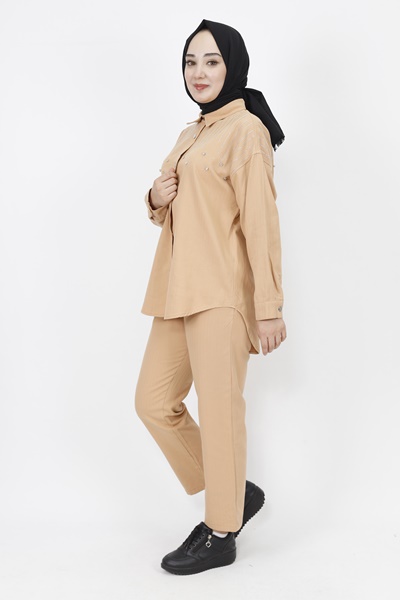 6939 Gabardin Kumaş Taş Detaylı 2 Li Takım-CAMEL