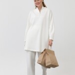 10611  Modal Kumaş Fermuar Detaylı Tesettür Tunik-Ekru