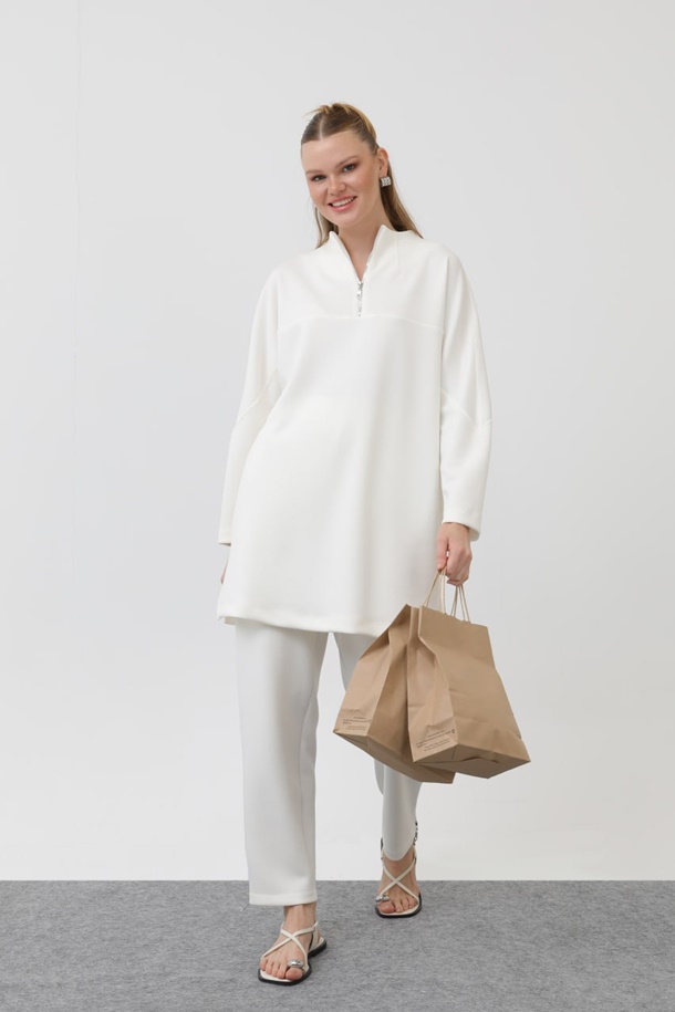 10611  Modal Kumaş Fermuar Detaylı Tesettür Tunik-Ekru