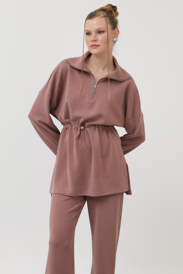 20608  Modal Kumaş Bel Büzgü Detaylı Tesettür İkili Takım-Gül