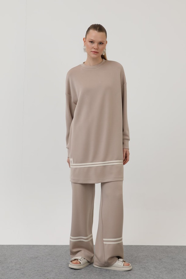 14291  Modal Kumaş Arma ve Çizgi Detaylı Tesettür İkili Takım-Taş