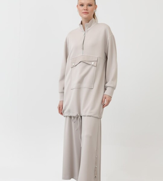 14299  Modal Kumaş Fermuar ve Kese Detaylı Tesettür İkili Takım-Taş