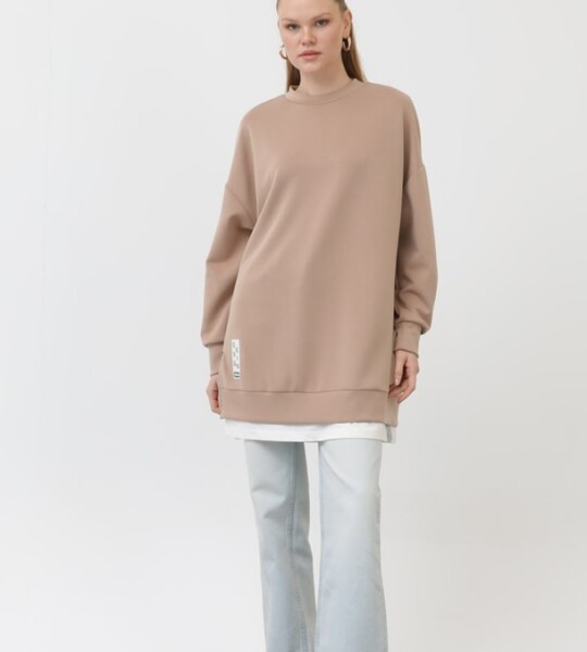 10613  Modal Kumaş Arma ve Fermuar Detaylı Sweatshirt-Vizon