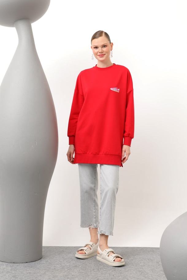 20614  İki İplik Kumaş Ayakkabı Baskılı Tesettür Sweatshirt-Kırmızı