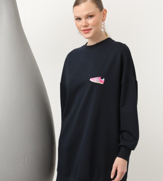 20614  İki İplik Kumaş Ayakkabı Baskılı Tesettür Sweatshirt-Lacivert