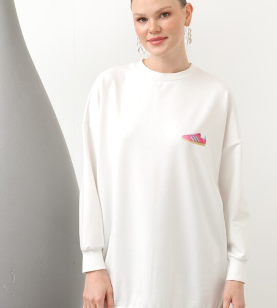 20614  İki İplik Kumaş Ayakkabı Baskılı Tesettür Sweatshirt-Ekru