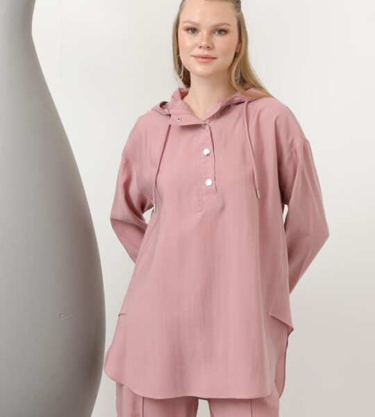 20609  Lyocell Kumaş Kapişonlu Tesettür İkili Takım-Gül