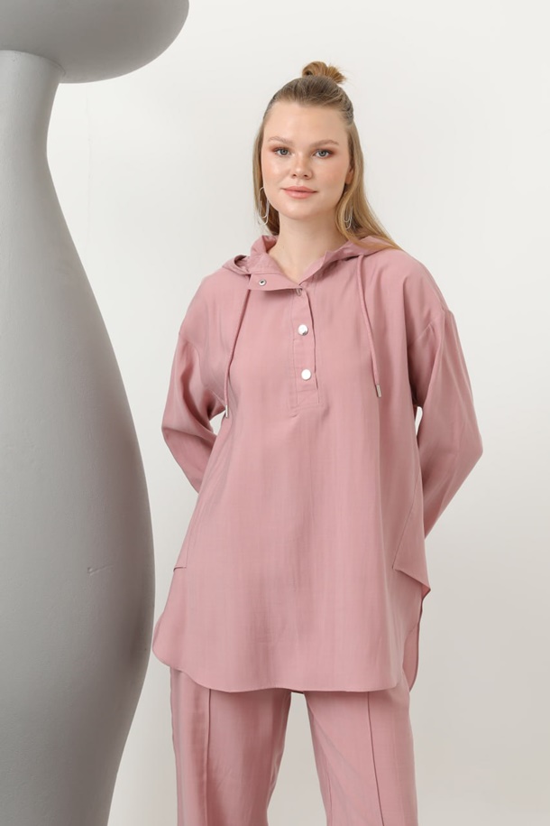 20609  Lyocell Kumaş Kapişonlu Tesettür İkili Takım-Gül