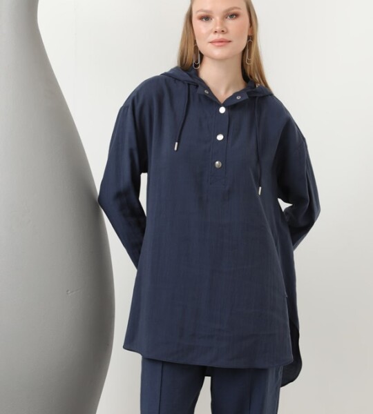 20609  Lyocell Kumaş Kapişonlu Tesettür İkili Takım-Lacivert