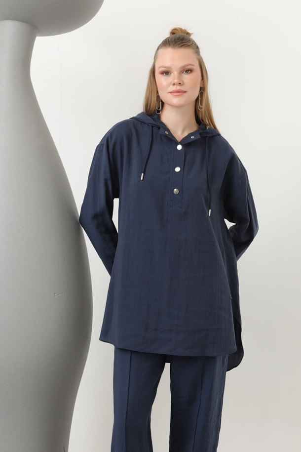 20609  Lyocell Kumaş Kapişonlu Tesettür İkili Takım-Lacivert