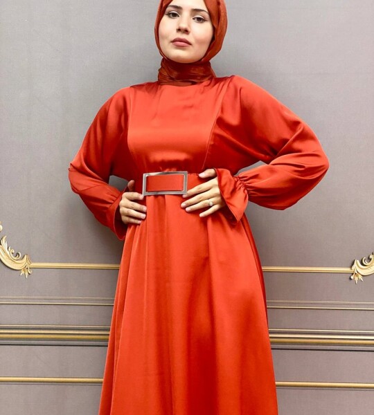 8051 Yarasa Kol Krep Saten Abiye-KİREMİT