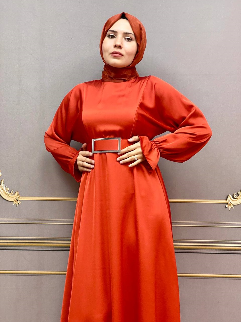 8051 Yarasa Kol Krep Saten Abiye-KİREMİT